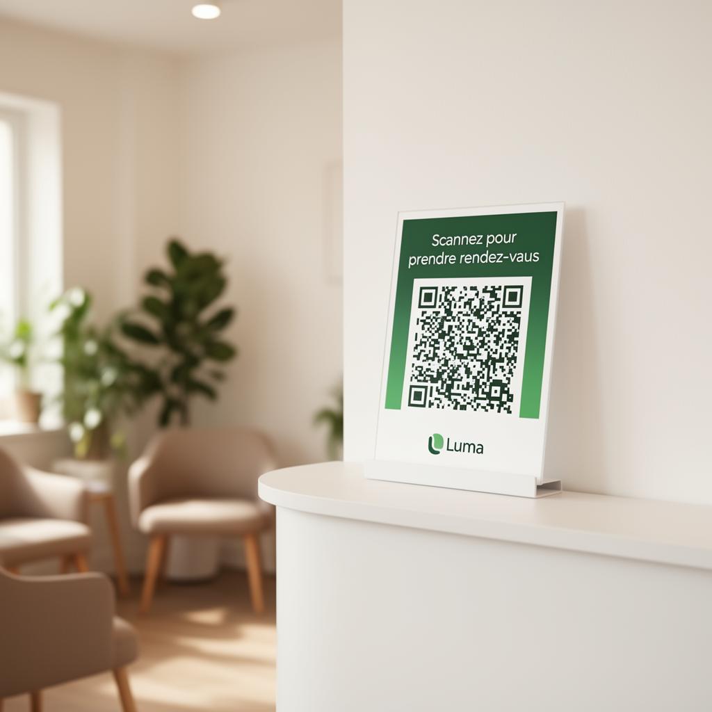 PLV Luma avec QR code posée sur le comptoir d'une salle d'attente de cabinet médical